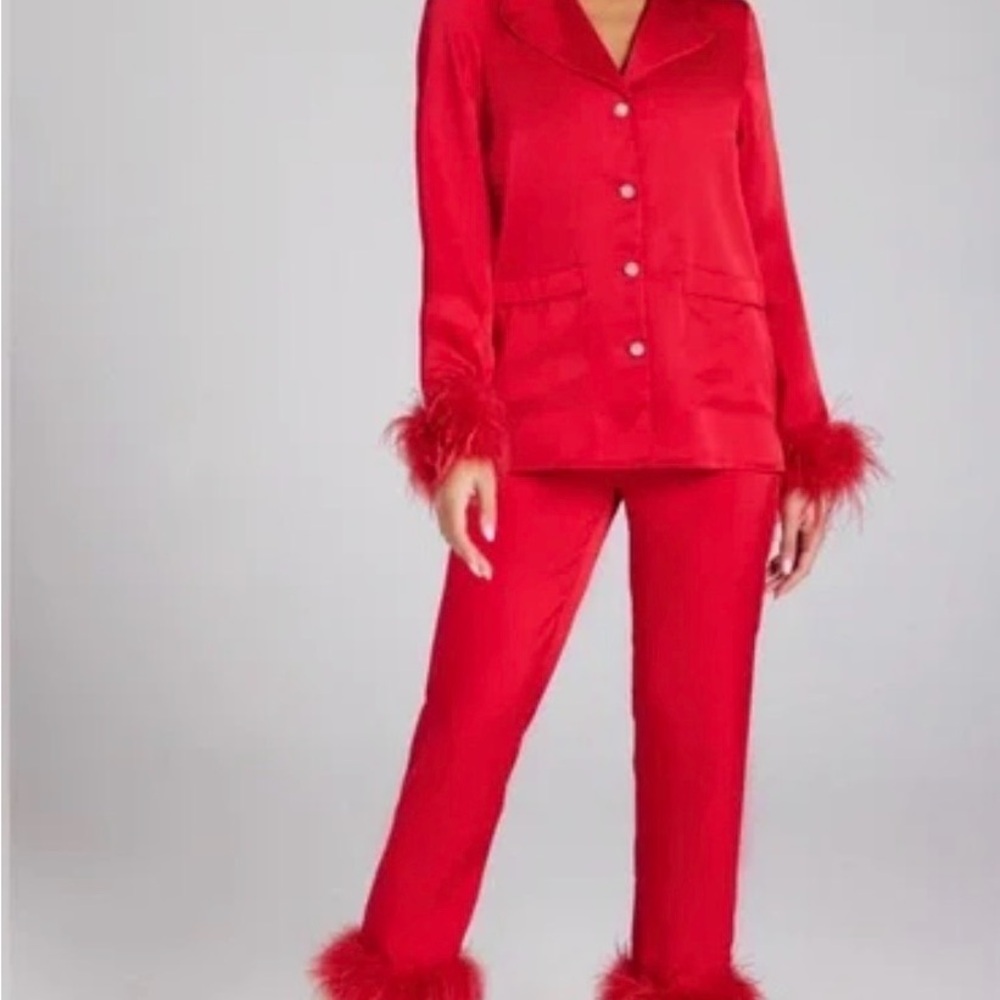 NADINE MERABI DARCIE Luxury Red Feathered Pijamas Set - Picture 8 of 12